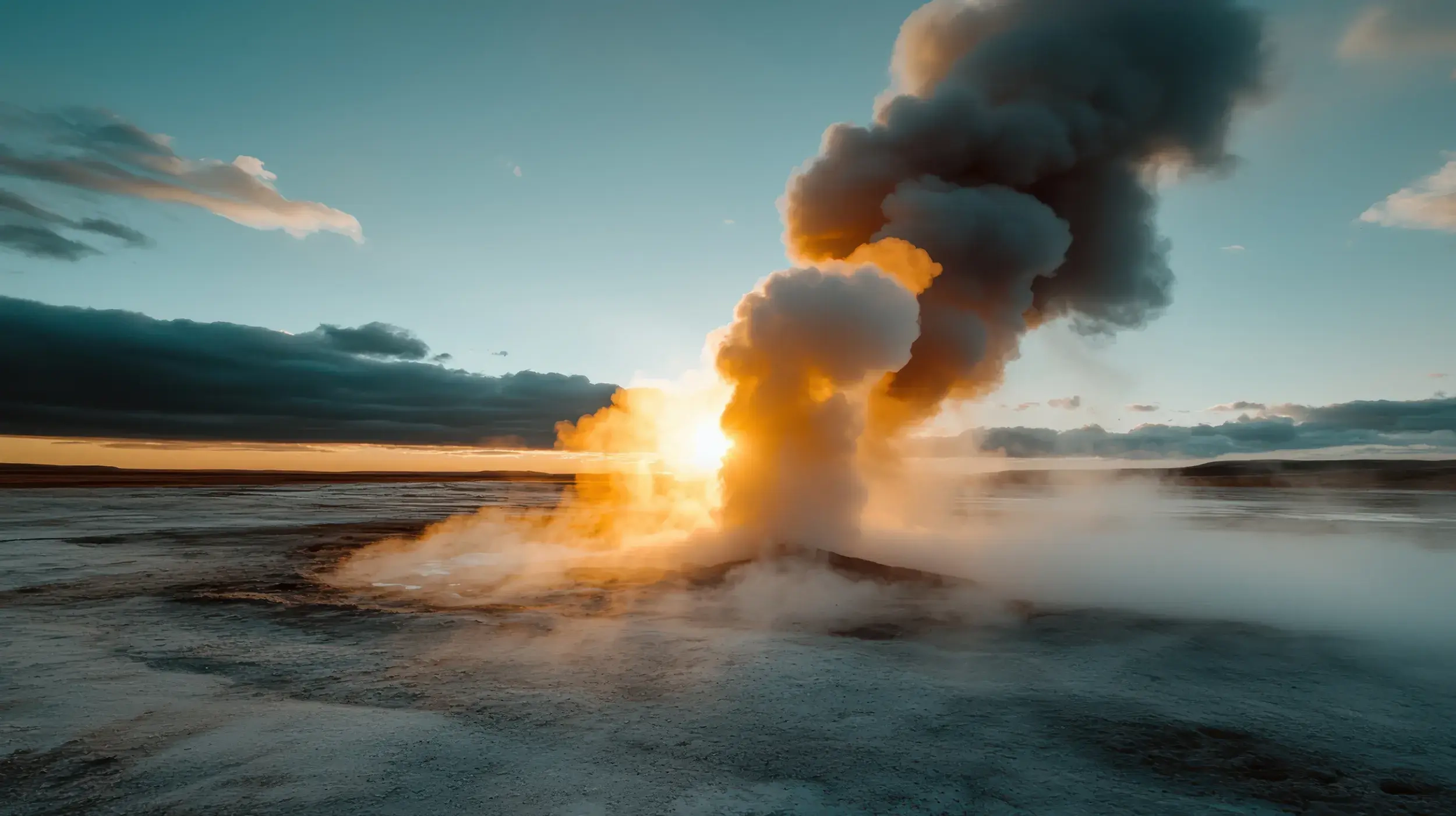 geyser eruption at sunset